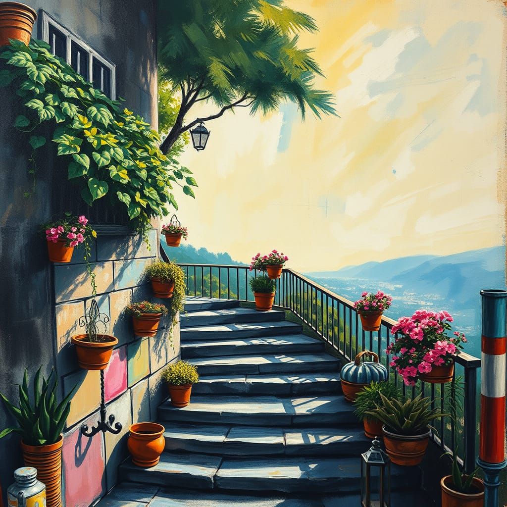 Impressionist Masterpiece of a Terrasse with Grand Staircase...