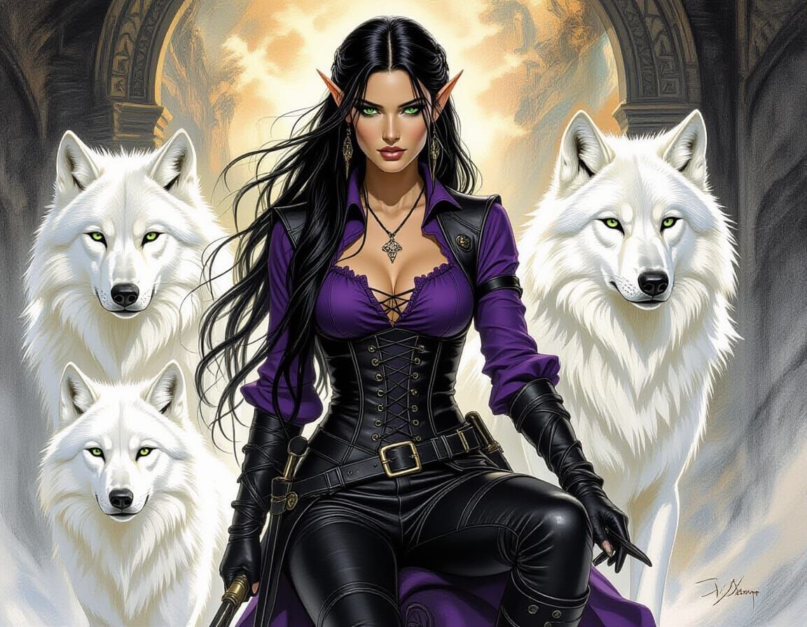 Elven Woman Rides White Wolves in Charcoal Drawing Style