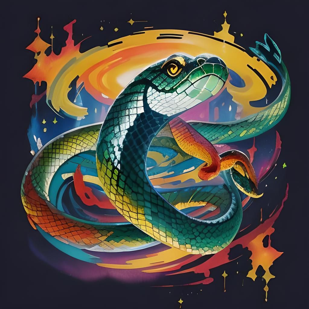 Glowing Snake in Gouache Style Illustration
