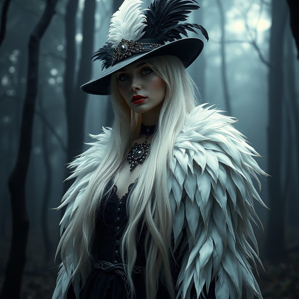 Gothic Woman in Misty Forest, Art Nouveau Style