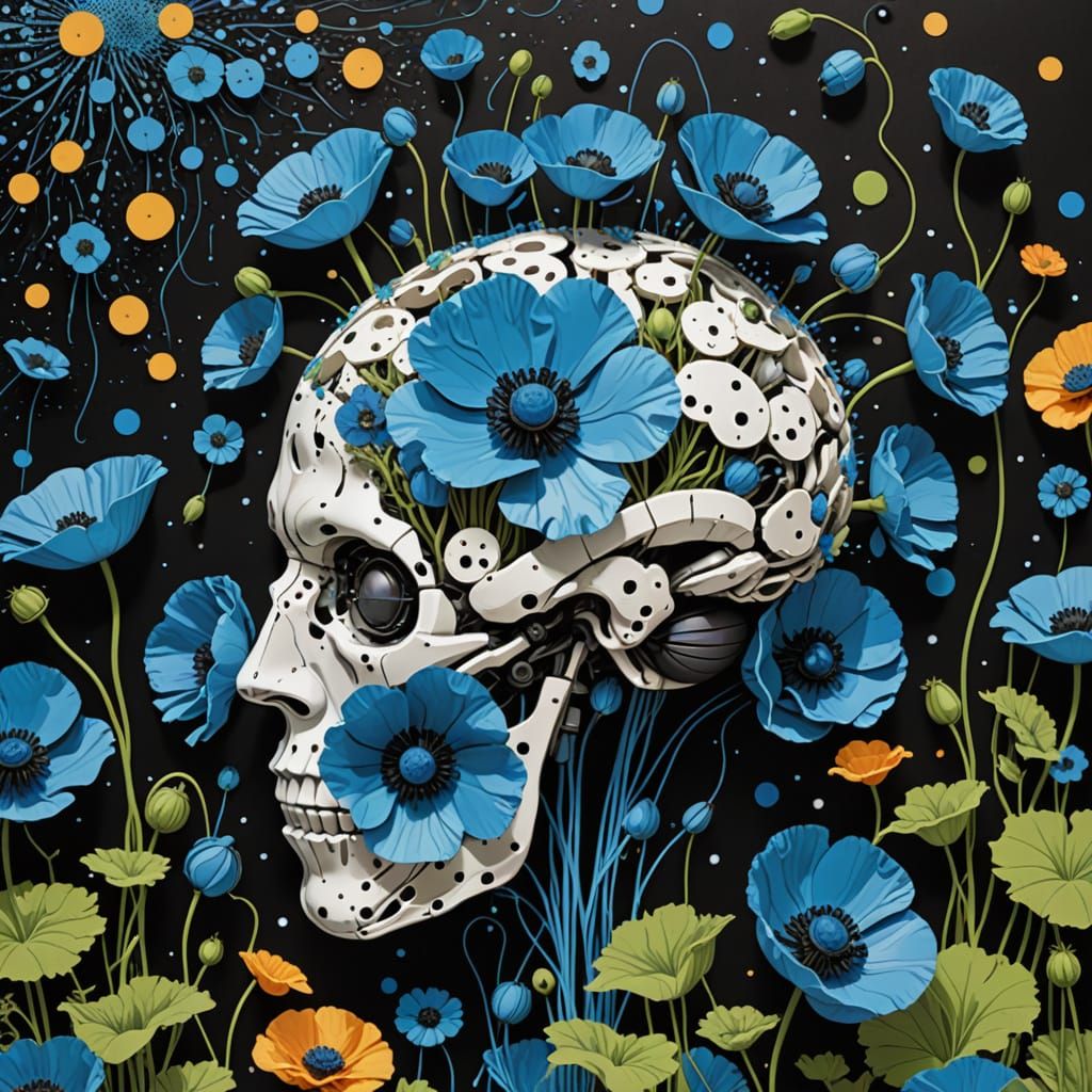 Brain Surrounded by Poppies in 70s Album Art Style