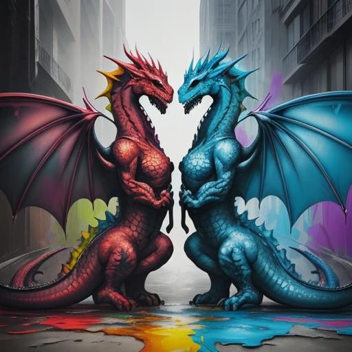 Dragons Meeting in Graffiti Street Art Style