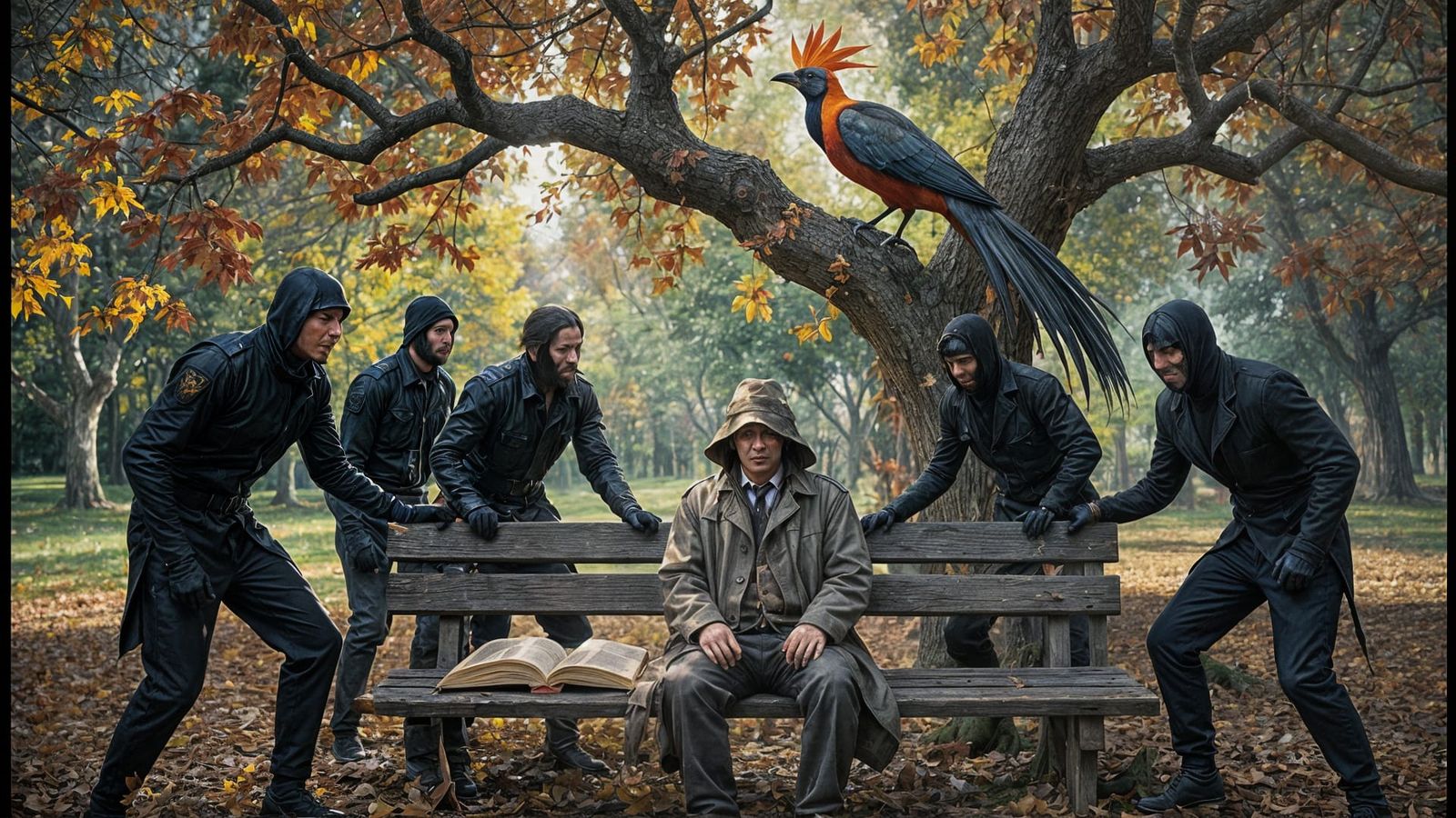 Figure on Bench Amidst Evil Beings, Autumn Light on Book