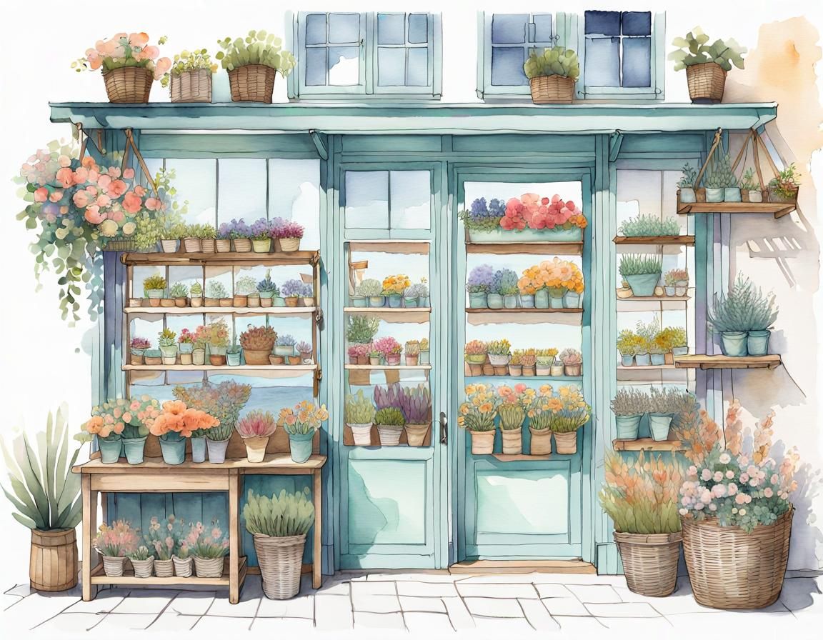 Seaside Flower Shop in Watercolour Pastel