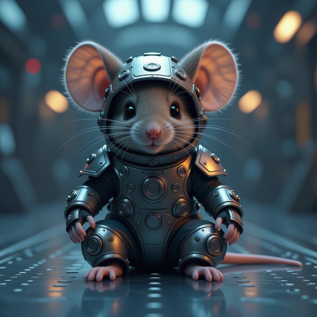Tiny Mouse in Mechanical Elephant Costume on Metallic Table