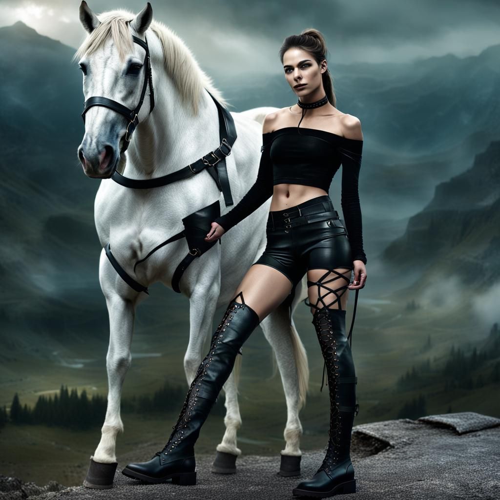 Girl on White Horse in Leather, Digital Painting