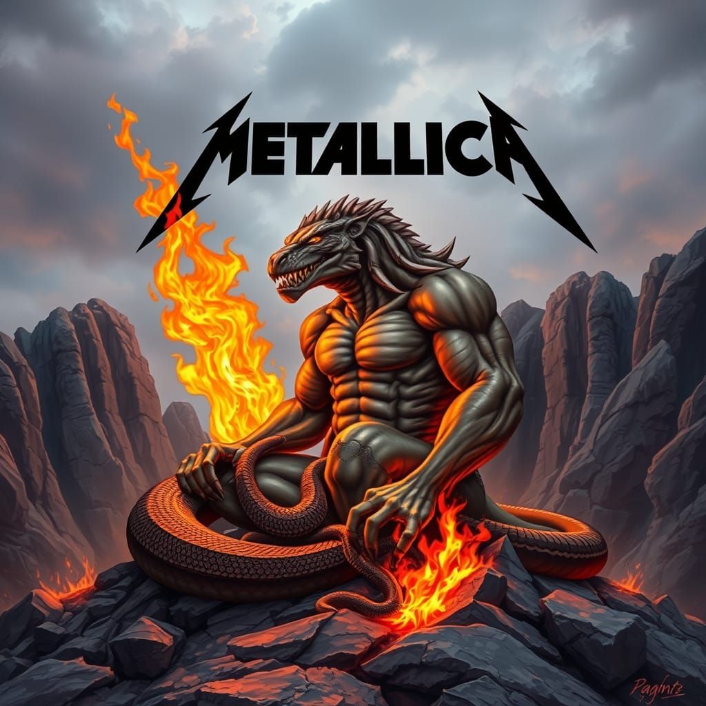 Fierce Reptilian Humanoid Ignites Inferno in Rocky Landscape