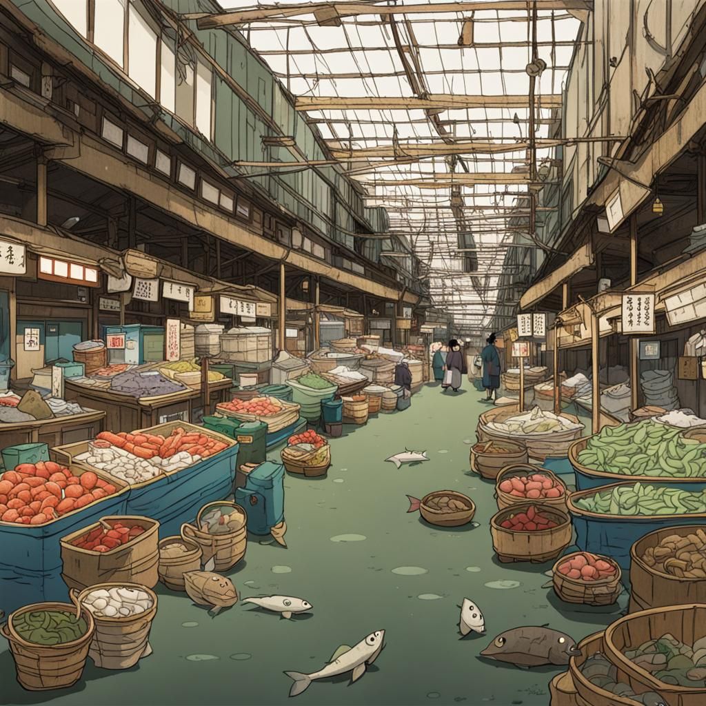 Eerie Osaka Fish Market in Ghibli Style