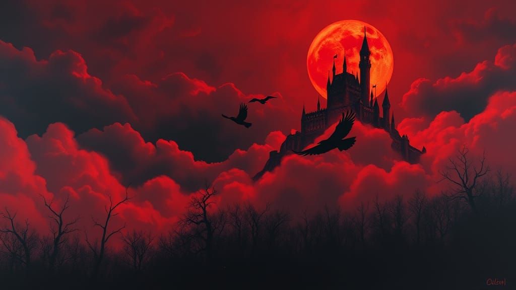 Neo-Expressionist Red Castle Floating Amidst a Dark Sky