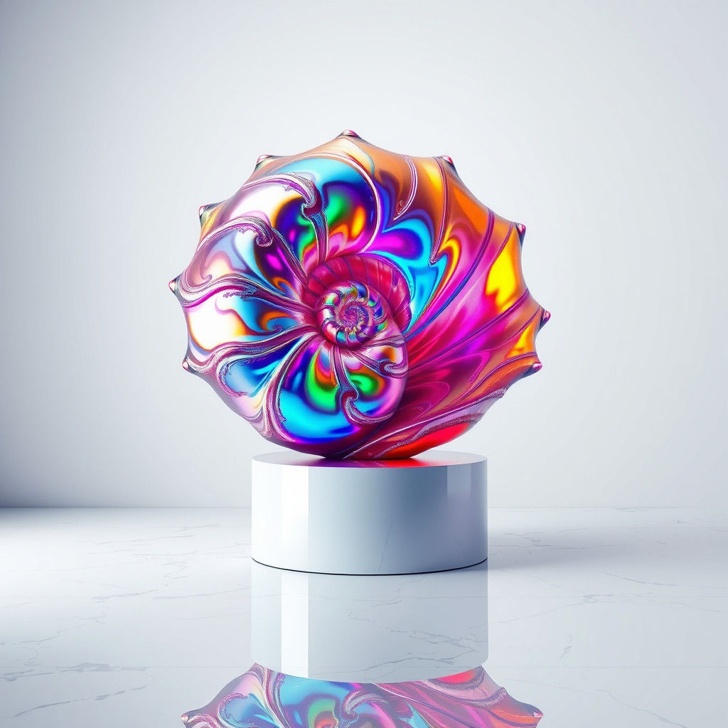 Iridescent Conch Shell on Marble Pedestal: Digital Art
