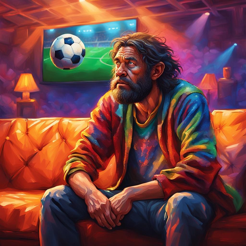 Hyperrealistic Caveman Watches Soccer Match