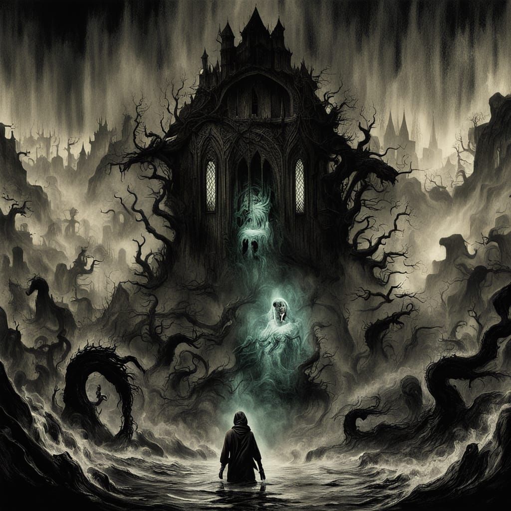 Gothic Horror Scene: Twisted Glass Ampulla in Turbulent Blac...