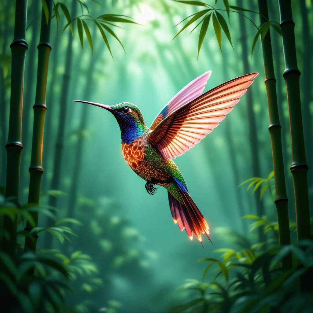 Mechanical Hummingbird in Bamboo Forest, Cyberpunk Style
