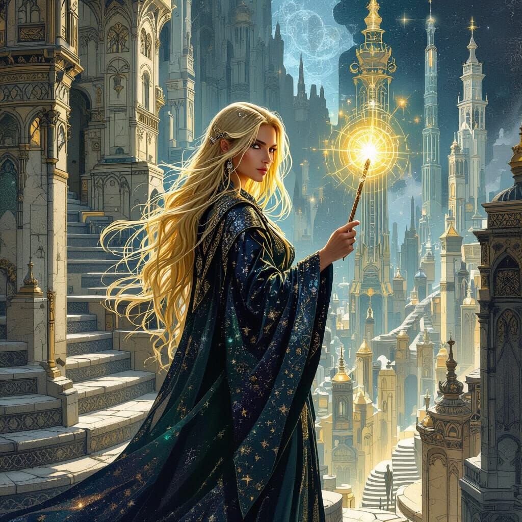 Wizard in Escher City with Magic Wand