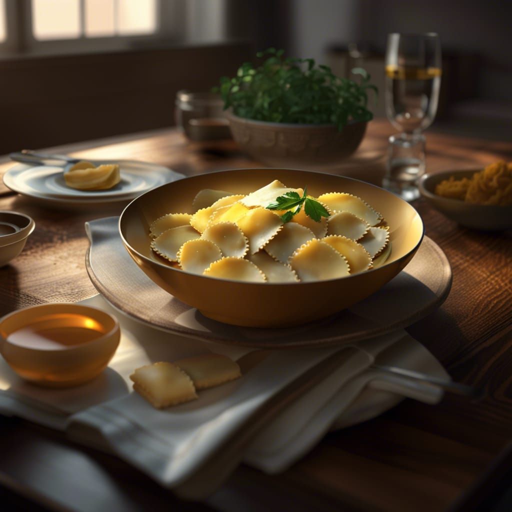 Ravioli Bowl on Table: Hyperdetailed Concept Art