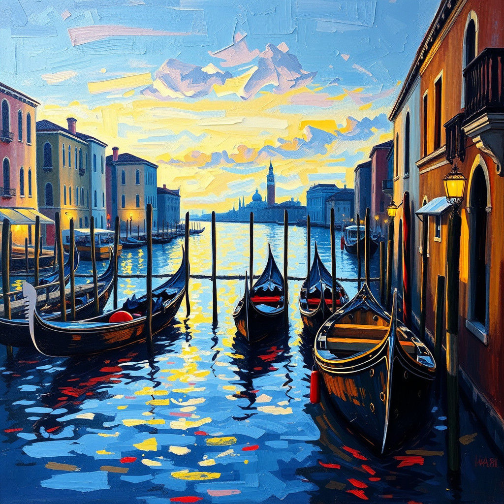 Venice Gondolas at Twilight in Neo-Impressionist Style