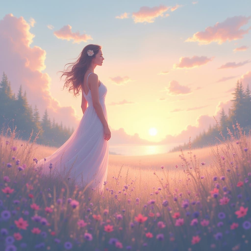 Peaceful Christian Woman in Nature at Sunrise