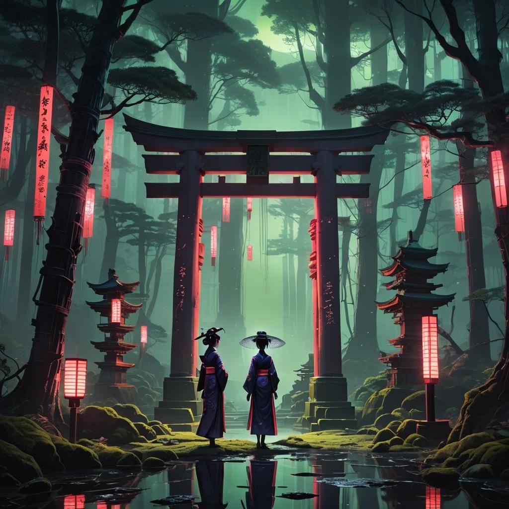 Geisha in Vaporwave Forest: Neon-Noir Concept Art