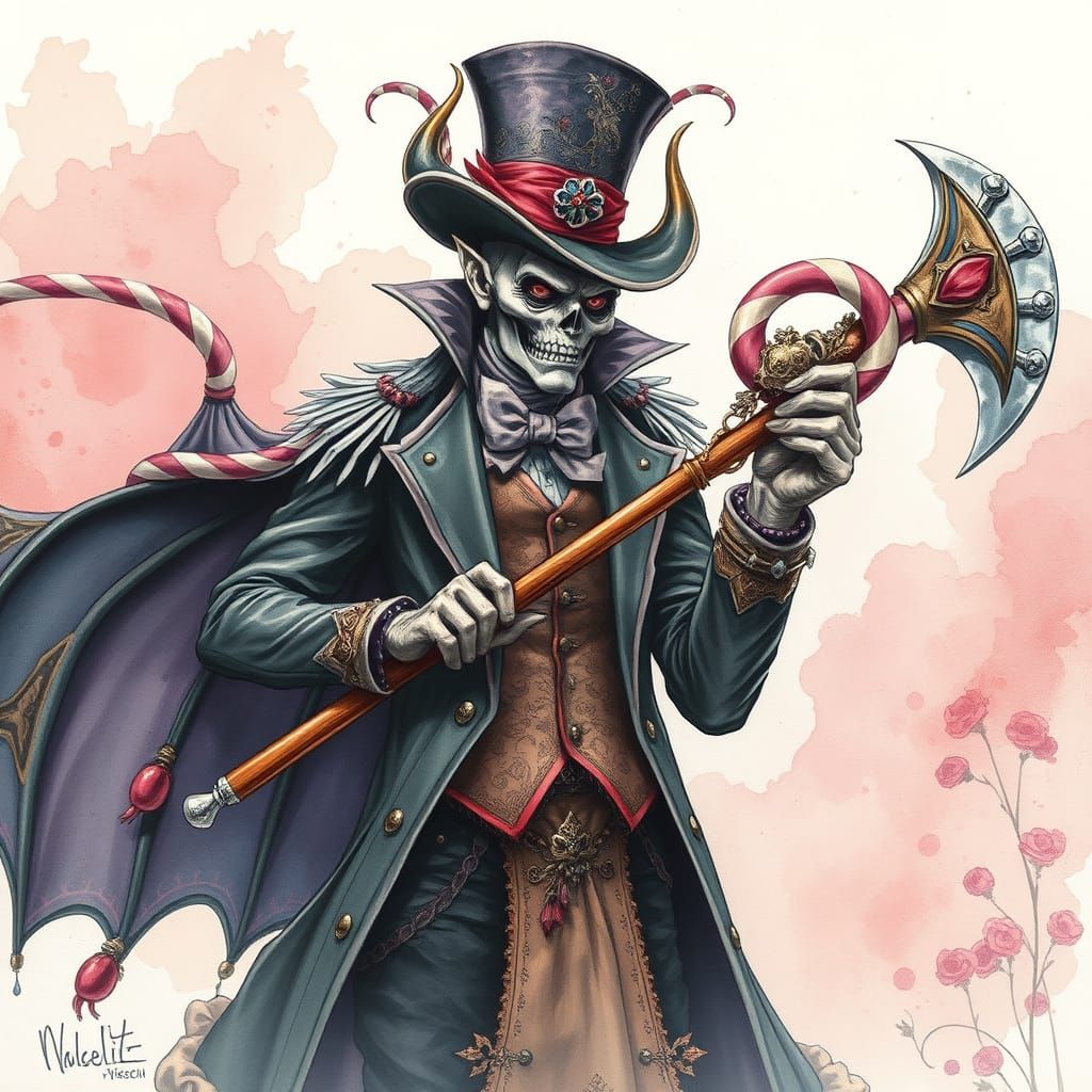 Candy Villain with Lollipop Axe in Watercolor Style