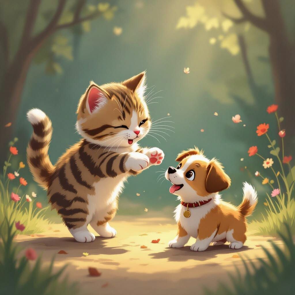 Whimsical Cat Playfully Pounces on Startled Dog