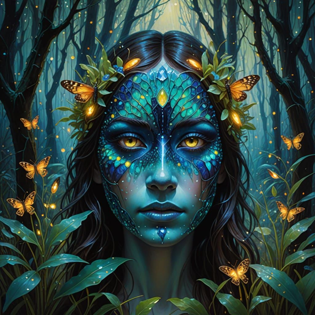 Glowing Crystal Forest Mask in Oil Painting Style
