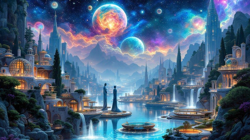 art nouveau world with deco surreal sculptures, beautiful epic cosmic  lush alien urban landscape with glass spires,  fo...