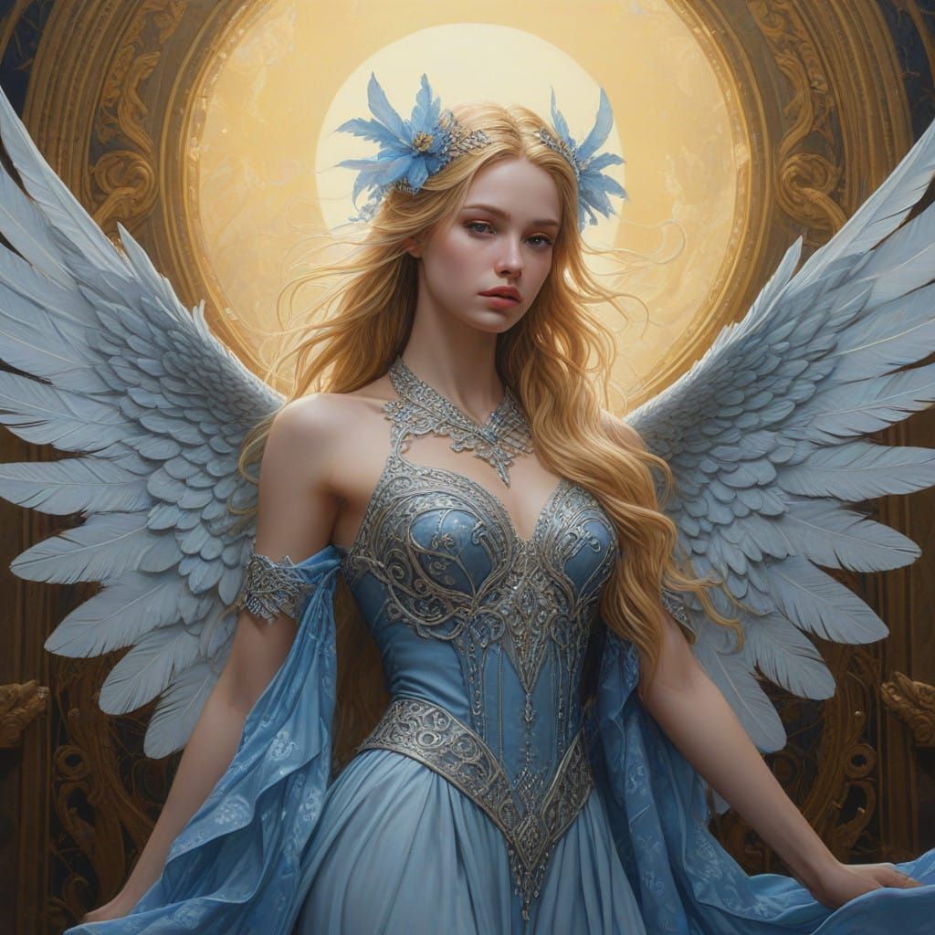 Majestic Angel in Flowing Blue Gown with Pastel Wings and Ha...
