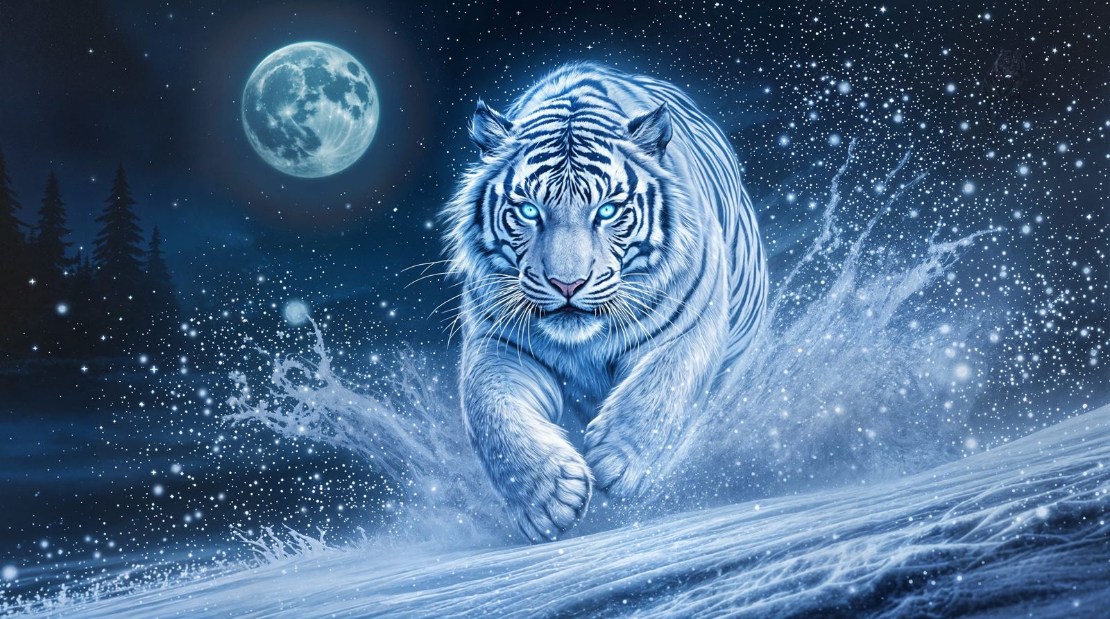 Majestic White Tiger Charging Under Full Moon
