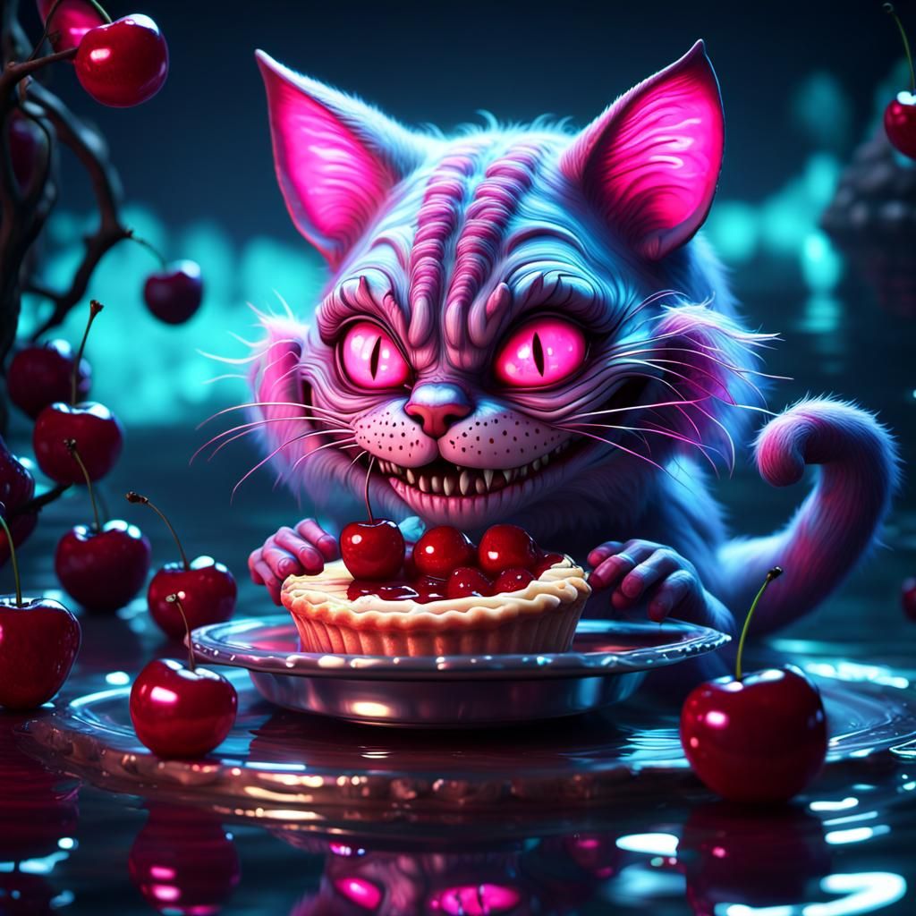 Alice in wonderland Cheshire cat eating cherry pie ,vapor wa...