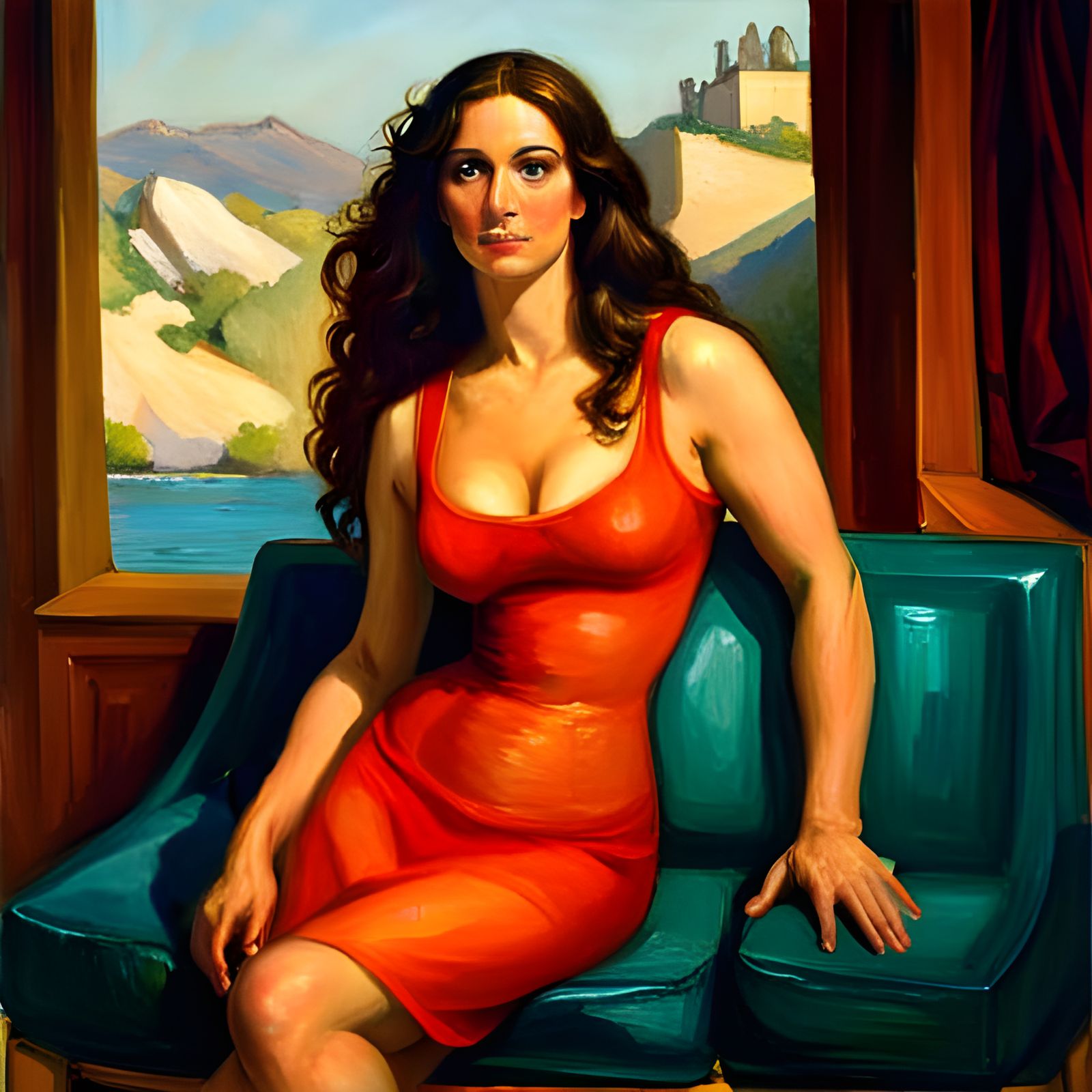 Athletic Goddess in Bodycon Dress: Oil Painting