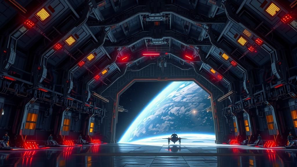 Space Station Hangar with Bombers and Fighters