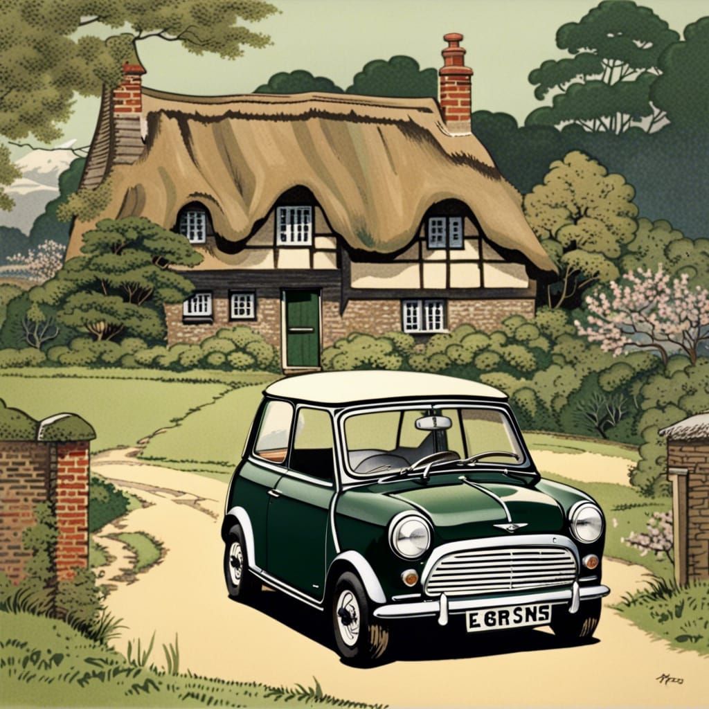 British Racing Green Mini: Japanese Woodcut Style