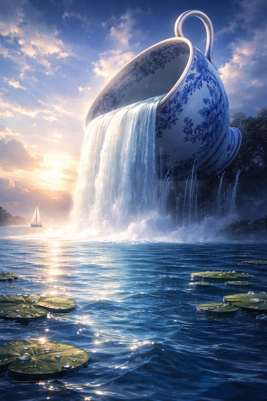 Surreal Waterfall From Teacup Over Serene Lake