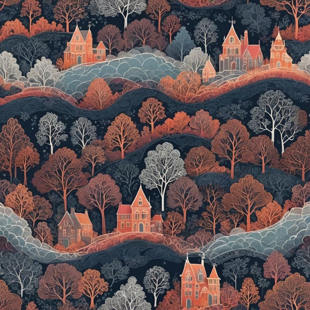 Colorful Winter Folk Landscape with Filigree Details