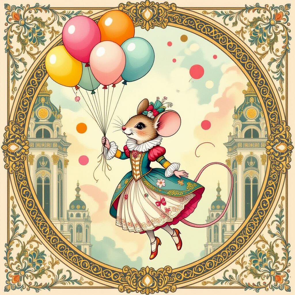 Mouse Floating with Balloons in Art Nouveau Style