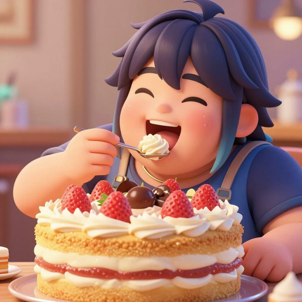 Person Joyfully Eating Cream Cake in 3D Anime Style