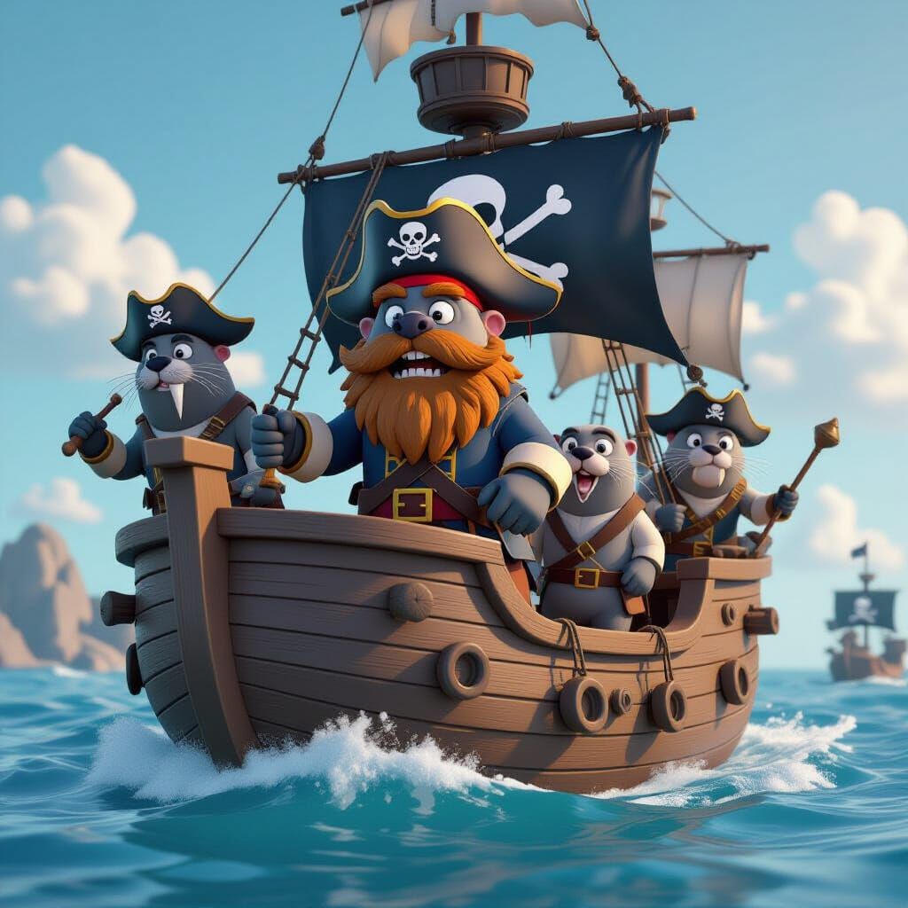 Cartoon Pirate Ship with Walrus Captain in 3D