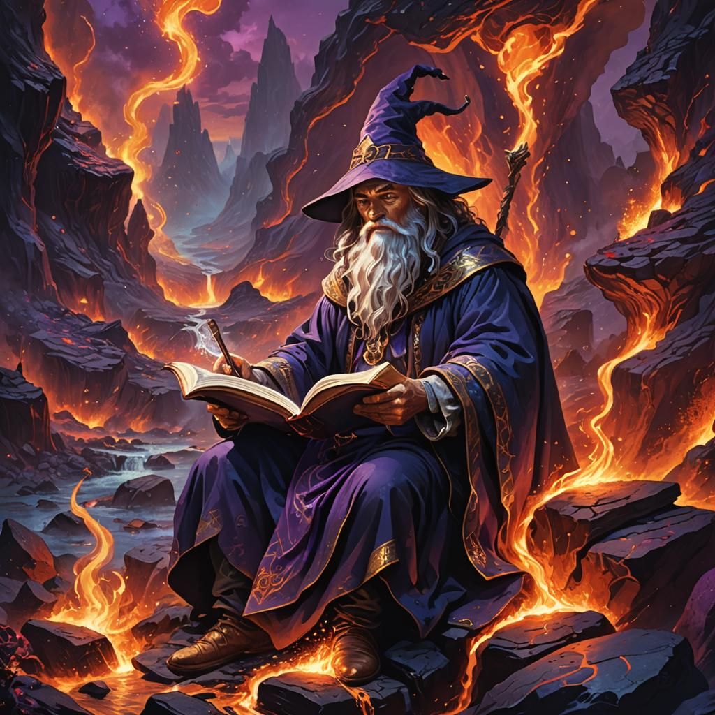 Wizard Reading Book Amidst Flowing Lava