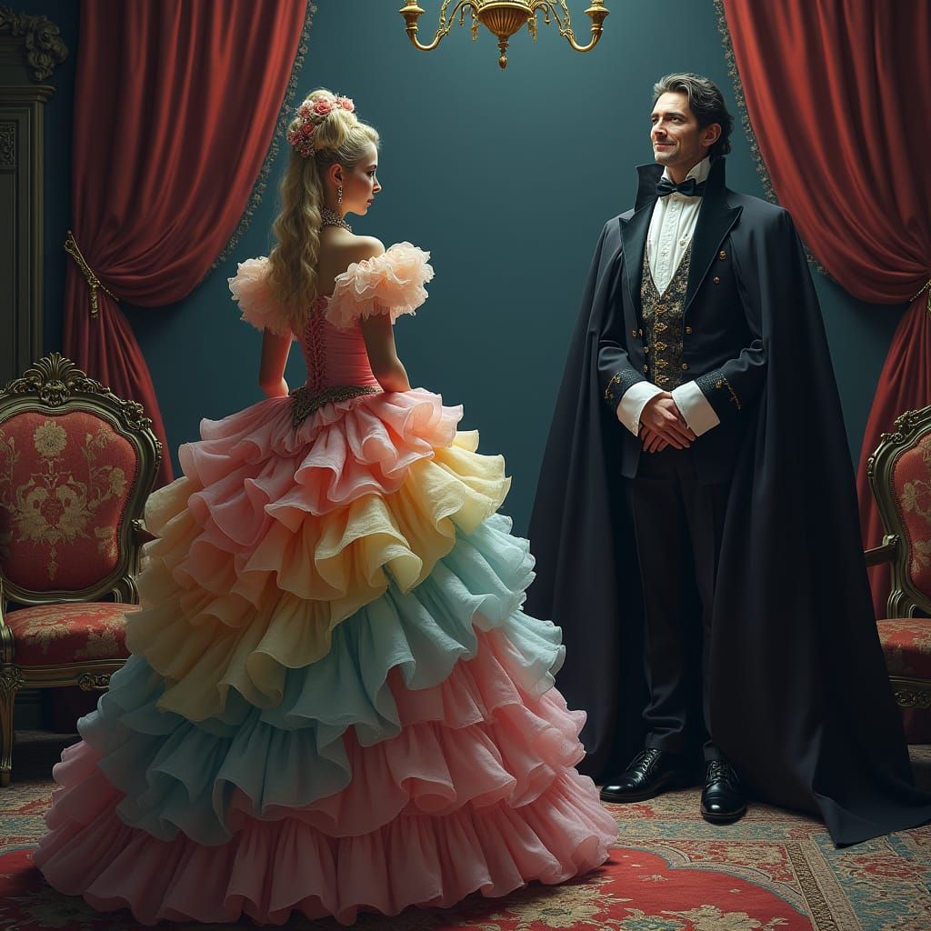 Girl and Vampire Lord in Surreal Setting