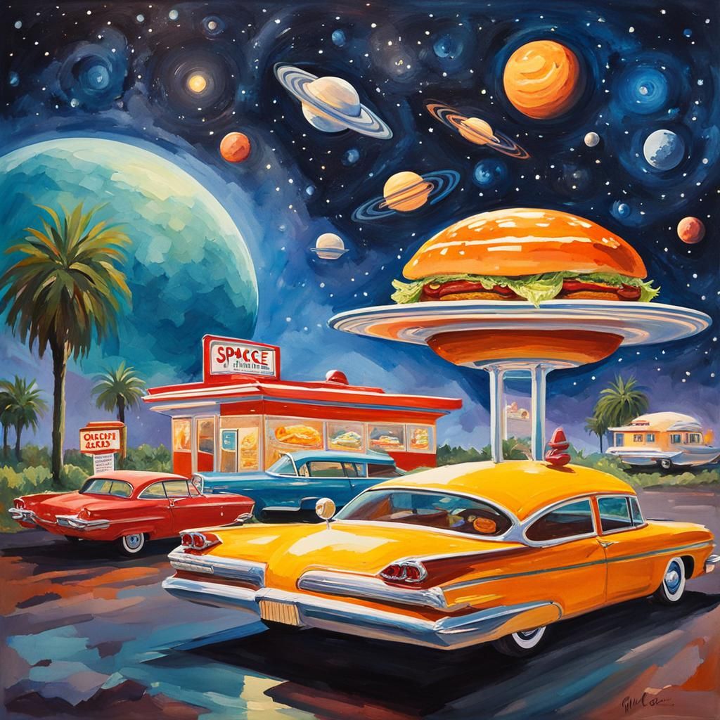 Retro Space Diner Featuring Smiling Alien in Gouache Style