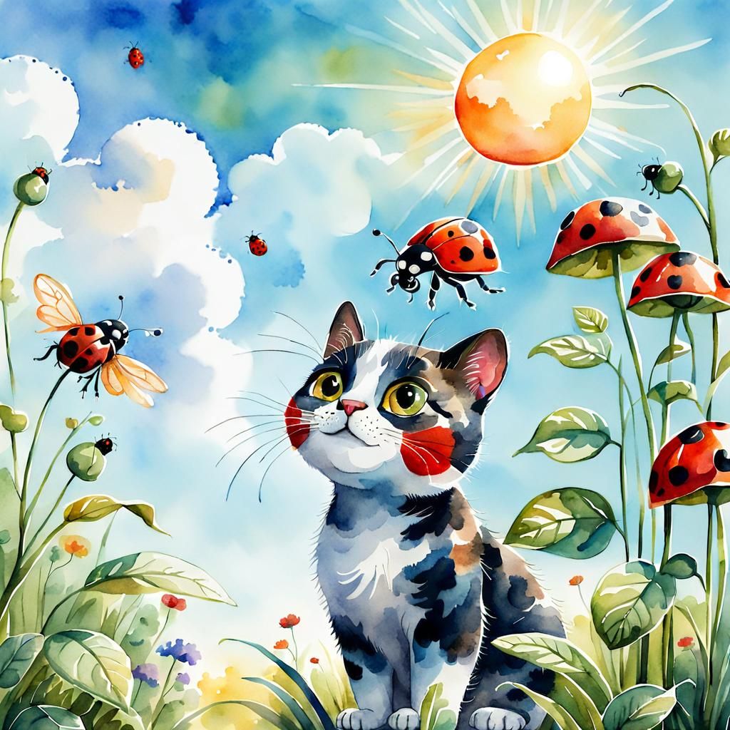 Cat and Ladybug Watercolor Illustration in Sunny Garden