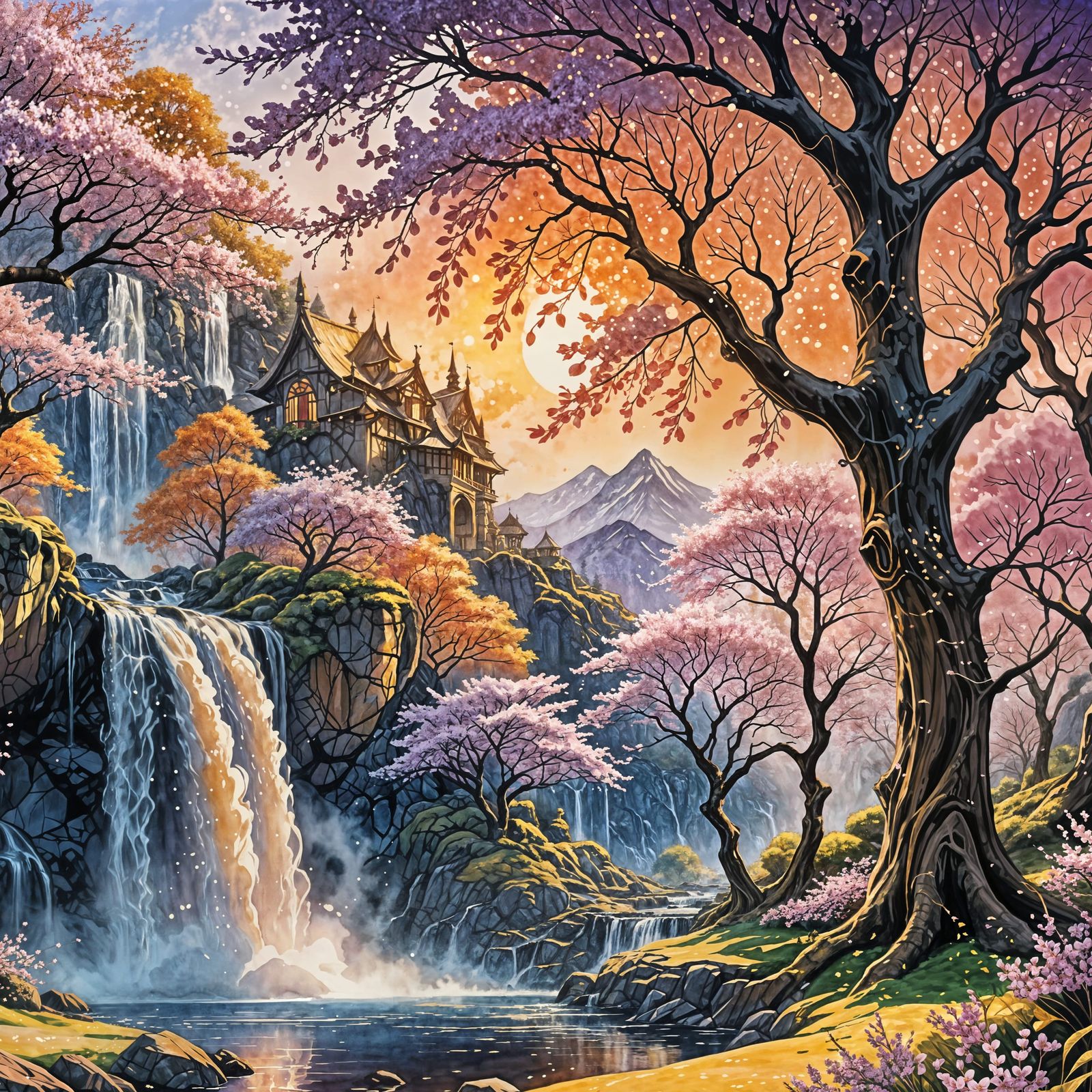 Majestic Elven Yard with Sparkling Waterfall
