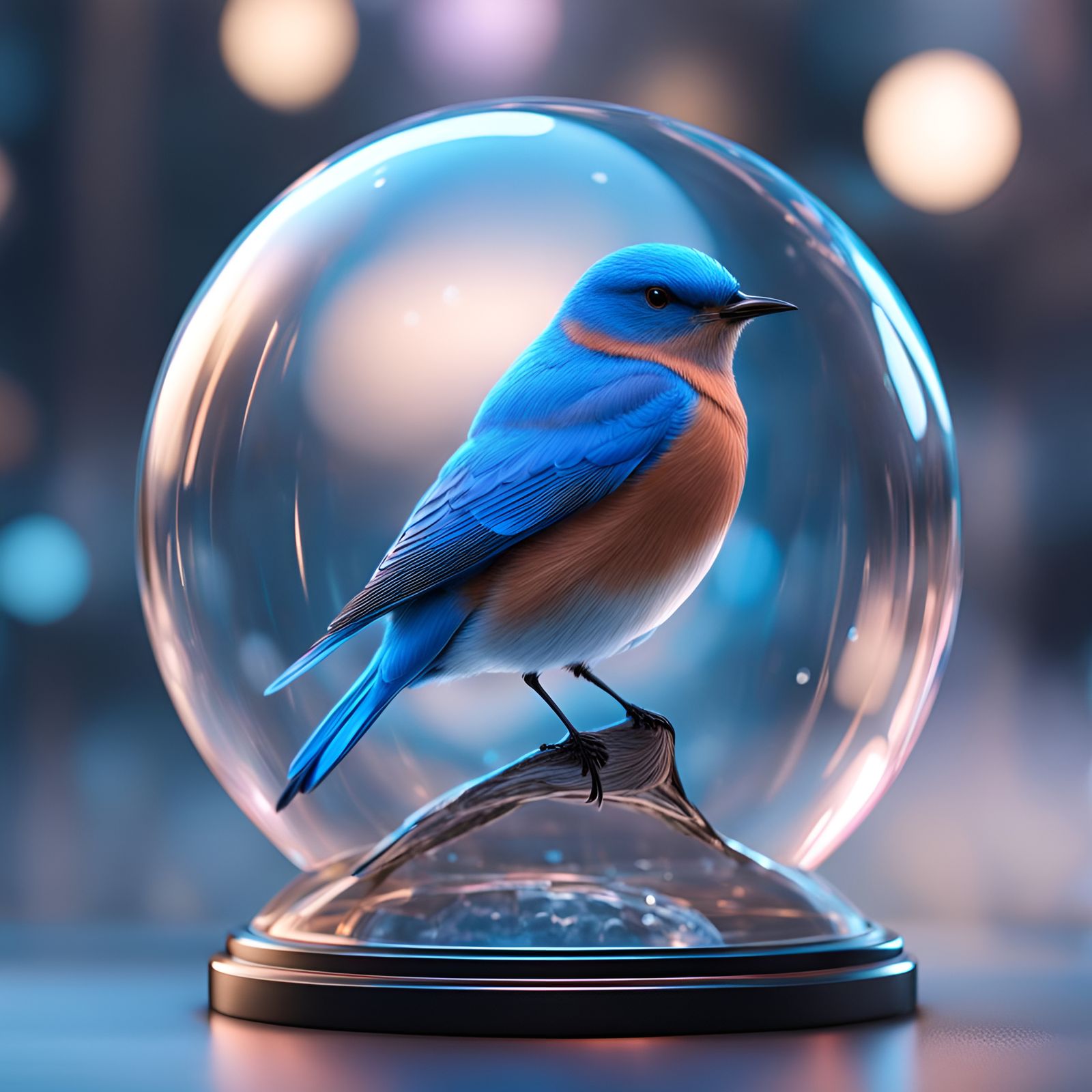 Bluebird in Crystal Bubble, Cyberpunk Digital Art