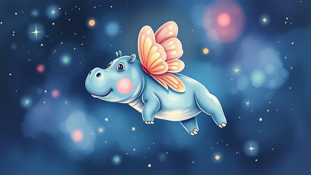 hippo with butterfly wings floating through the night sky