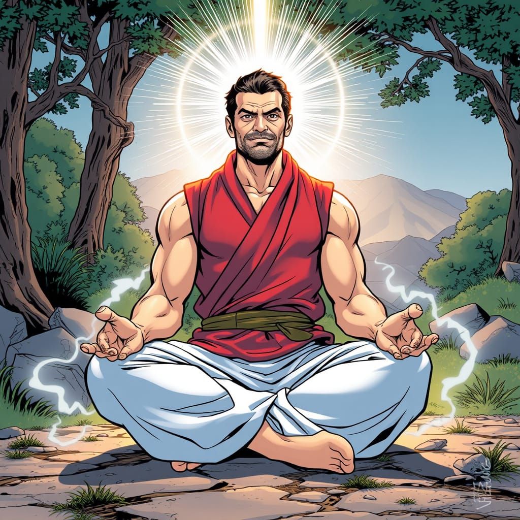 Superhero Meditating in Nature with Energy Aura
