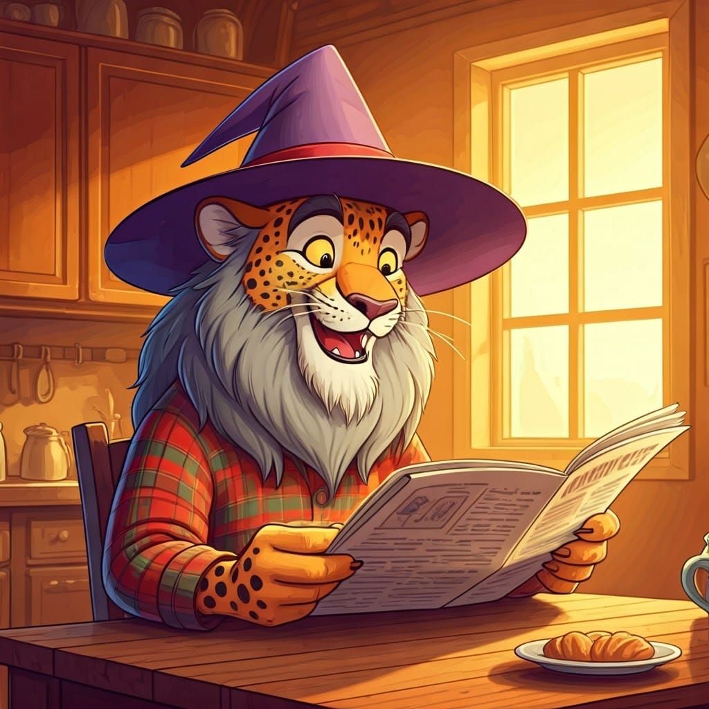 Cartoon Leopard Enjoying Morning Coffee in Cozy Kitchen