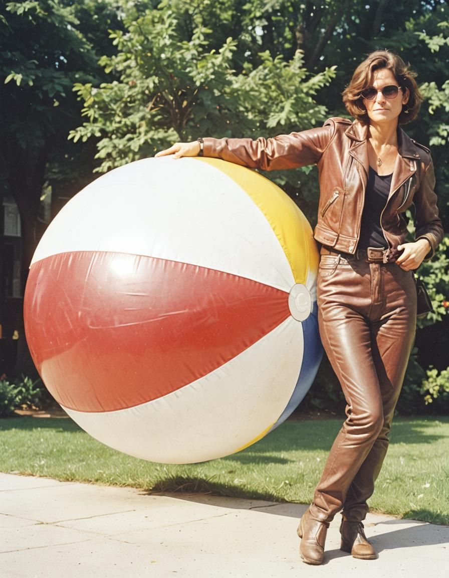 Biker Woman with Beach Ball in Film Style