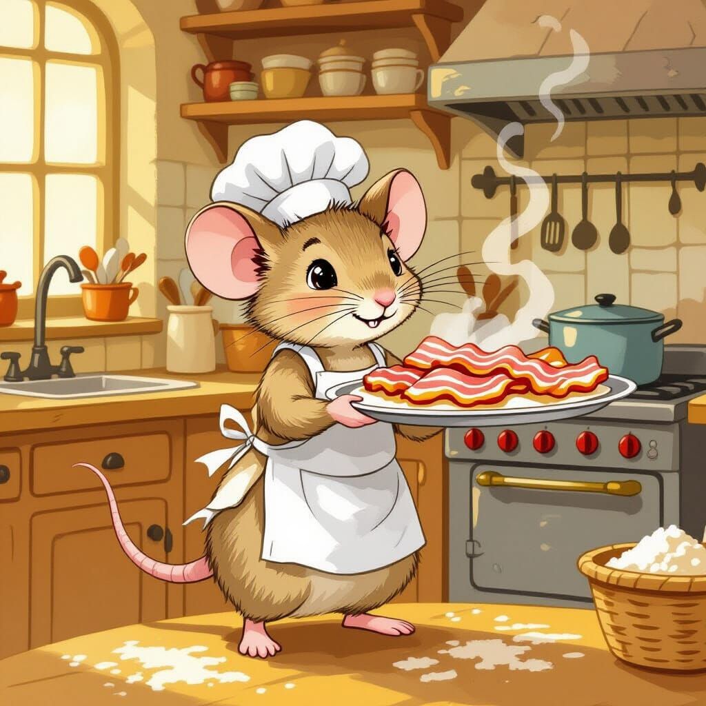 Mouse Baker with Bacon, Whimsical Illustration