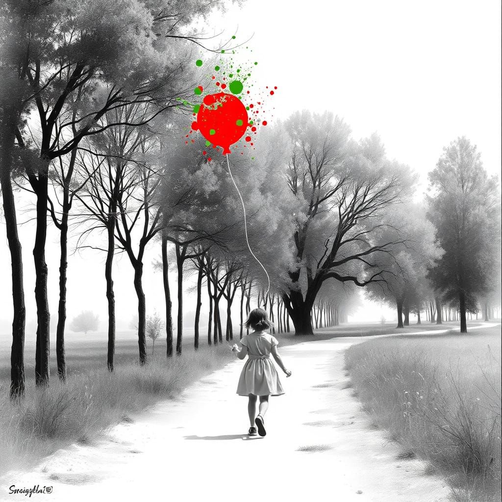 Girl With Balloon in Black and White World