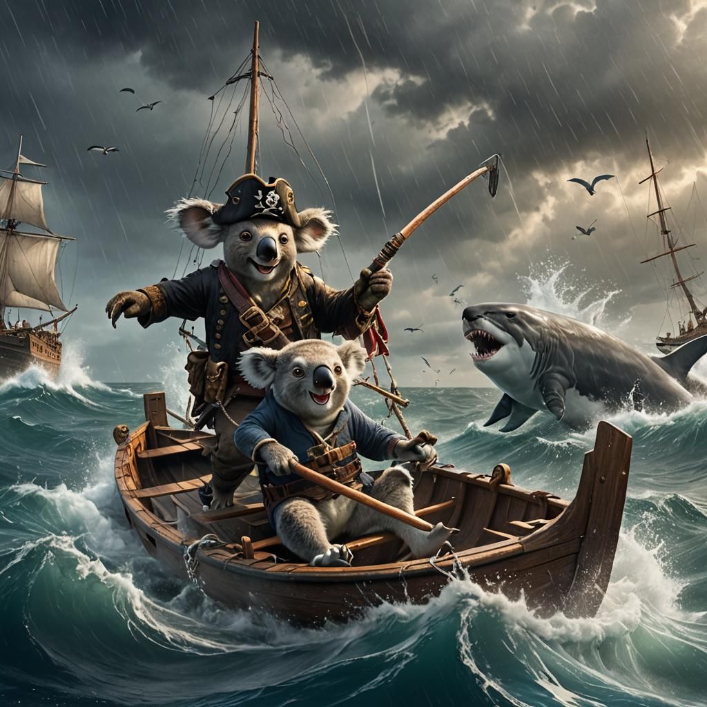 Pirate Koala Bear Harpoons Shark in Stormy Sea